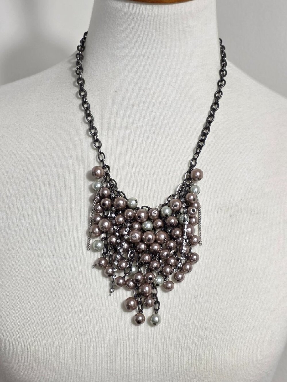 Simply Vera Wang Pearl Bead Bib Necklace Taupe & Gray with Rhinestone Drops